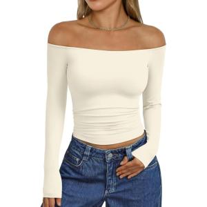 image:imageTrendy Queen Womens Long Sleeve Off The Shoulder Tops Going Out Cute Basic Y2K Fall Fashion 2026 Outfits ClothesApricot