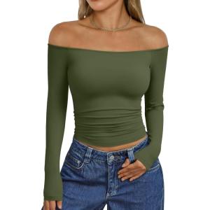 image:imageTrendy Queen Womens Long Sleeve Off The Shoulder Tops Going Out Cute Basic Y2K Fall Fashion 2026 Outfits ClothesArmy Green
