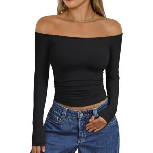 image:imageTrendy Queen Womens Long Sleeve Off The Shoulder Tops Going Out Cute Basic Y2K Fall Fashion 2026 Outfits ClothesBlack