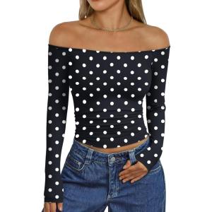 image:imageTrendy Queen Womens Long Sleeve Off The Shoulder Tops Going Out Cute Basic Y2K Fall Fashion 2026 Outfits ClothesBlack Dots