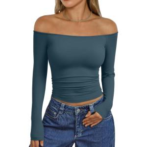 image:imageTrendy Queen Womens Long Sleeve Off The Shoulder Tops Going Out Cute Basic Y2K Fall Fashion 2026 Outfits ClothesBlue