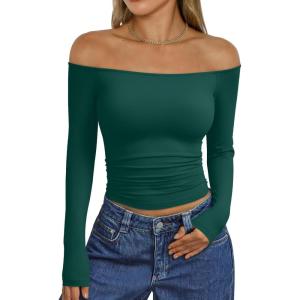image:imageTrendy Queen Womens Long Sleeve Off The Shoulder Tops Going Out Cute Basic Y2K Fall Fashion 2026 Outfits ClothesGreen