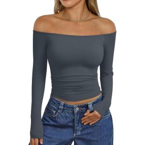 image:imageTrendy Queen Womens Long Sleeve Off The Shoulder Tops Going Out Cute Basic Y2K Fall Fashion 2026 Outfits ClothesGrey