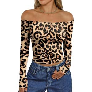 image:imageTrendy Queen Womens Long Sleeve Off The Shoulder Tops Going Out Cute Basic Y2K Fall Fashion 2026 Outfits ClothesLeopard