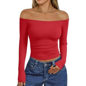 image:imageTrendy Queen Womens Long Sleeve Off The Shoulder Tops Going Out Cute Basic Y2K Fall Fashion 2026 Outfits ClothesRed
