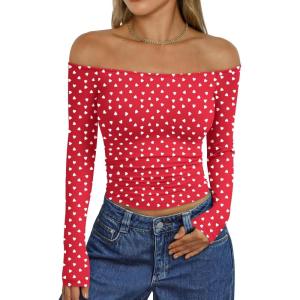 image:imageTrendy Queen Womens Long Sleeve Off The Shoulder Tops Going Out Cute Basic Y2K Fall Fashion 2026 Outfits ClothesRed Heart