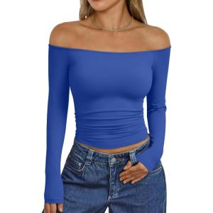 image:imageTrendy Queen Womens Long Sleeve Off The Shoulder Tops Going Out Cute Basic Y2K Fall Fashion 2026 Outfits ClothesRoyalblue