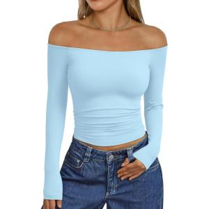 image:imageTrendy Queen Womens Long Sleeve Off The Shoulder Tops Going Out Cute Basic Y2K Fall Fashion 2026 Outfits ClothesSky Blue