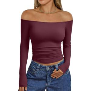 image:imageTrendy Queen Womens Long Sleeve Off The Shoulder Tops Going Out Cute Basic Y2K Fall Fashion 2026 Outfits ClothesWine