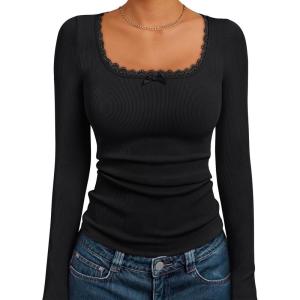 image:imageTrendy Queen Womens Long Sleeve Shirts Crop Square Neck Ribbed Tops Basic Slim Fit Y2K Fall Winter Clothes Outfits 2026Black