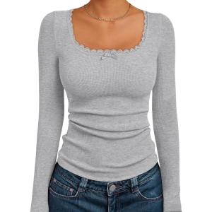 image:imageTrendy Queen Womens Long Sleeve Shirts Crop Square Neck Ribbed Tops Basic Slim Fit Y2K Fall Winter Clothes Outfits 2026Grey