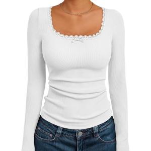 image:imageTrendy Queen Womens Long Sleeve Shirts Crop Square Neck Ribbed Tops Basic Slim Fit Y2K Fall Winter Clothes Outfits 2026White