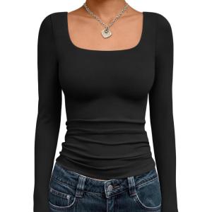 image:imageTrendy Queen Womens Long Sleeve Shirts Crop Tops Fall Fashion Solid Square Neck Going Out Basics Tees Y2k ClothesBlack