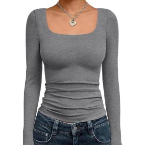 image:imageTrendy Queen Womens Long Sleeve Shirts Crop Tops Fall Fashion Solid Square Neck Going Out Basics Tees Y2k ClothesBlack Grey
