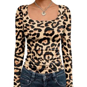 image:imageTrendy Queen Womens Long Sleeve Shirts Crop Tops Fall Fashion Solid Square Neck Going Out Basics Tees Y2k ClothesBlack Leopard