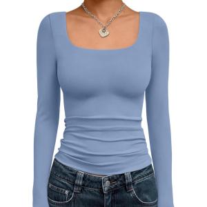 image:imageTrendy Queen Womens Long Sleeve Shirts Crop Tops Fall Fashion Solid Square Neck Going Out Basics Tees Y2k ClothesBlue Gray