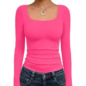 image:imageTrendy Queen Womens Long Sleeve Shirts Crop Tops Fall Fashion Solid Square Neck Going Out Basics Tees Y2k ClothesBright Pink