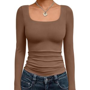 image:imageTrendy Queen Womens Long Sleeve Shirts Crop Tops Fall Fashion Solid Square Neck Going Out Basics Tees Y2k ClothesBrown