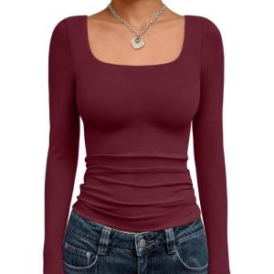 image:imageTrendy Queen Womens Long Sleeve Shirts Crop Tops Fall Fashion Solid Square Neck Going Out Basics Tees Y2k ClothesBurgundy