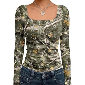 image:imageTrendy Queen Womens Long Sleeve Shirts Crop Tops Fall Fashion Solid Square Neck Going Out Basics Tees Y2k ClothesCamo