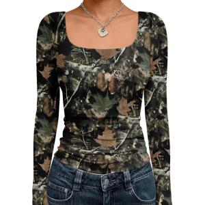 image:imageTrendy Queen Womens Long Sleeve Shirts Crop Tops Fall Fashion Solid Square Neck Going Out Basics Tees Y2k ClothesCamoblack
