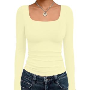 image:imageTrendy Queen Womens Long Sleeve Shirts Crop Tops Fall Fashion Solid Square Neck Going Out Basics Tees Y2k ClothesCreamy Yellow