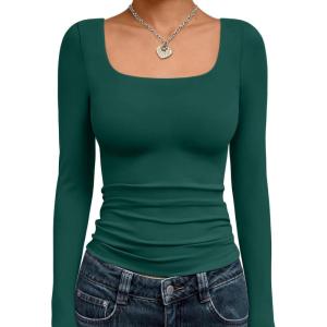 image:imageTrendy Queen Womens Long Sleeve Shirts Crop Tops Fall Fashion Solid Square Neck Going Out Basics Tees Y2k ClothesDark Green