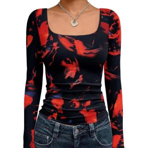 image:imageTrendy Queen Womens Long Sleeve Shirts Crop Tops Fall Fashion Solid Square Neck Going Out Basics Tees Y2k ClothesFlame