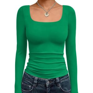 image:imageTrendy Queen Womens Long Sleeve Shirts Crop Tops Fall Fashion Solid Square Neck Going Out Basics Tees Y2k ClothesGreen