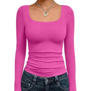 image:imageTrendy Queen Womens Long Sleeve Shirts Crop Tops Fall Fashion Solid Square Neck Going Out Basics Tees Y2k ClothesHot Pink