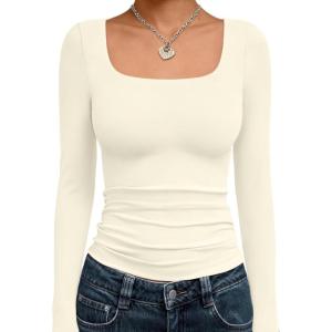 image:imageTrendy Queen Womens Long Sleeve Shirts Crop Tops Fall Fashion Solid Square Neck Going Out Basics Tees Y2k ClothesLight Apricot