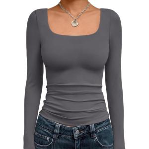 image:imageTrendy Queen Womens Long Sleeve Shirts Crop Tops Fall Fashion Solid Square Neck Going Out Basics Tees Y2k ClothesLight Gray