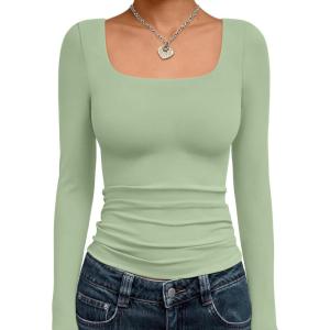 image:imageTrendy Queen Womens Long Sleeve Shirts Crop Tops Fall Fashion Solid Square Neck Going Out Basics Tees Y2k ClothesLight Green