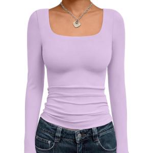 image:imageTrendy Queen Womens Long Sleeve Shirts Crop Tops Fall Fashion Solid Square Neck Going Out Basics Tees Y2k ClothesLight Purple