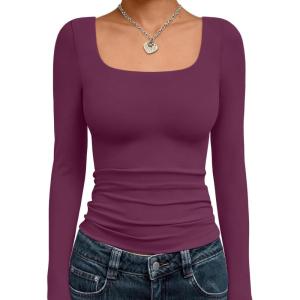 image:imageTrendy Queen Womens Long Sleeve Shirts Crop Tops Fall Fashion Solid Square Neck Going Out Basics Tees Y2k ClothesMulberry