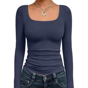 image:imageTrendy Queen Womens Long Sleeve Shirts Crop Tops Fall Fashion Solid Square Neck Going Out Basics Tees Y2k ClothesNavy