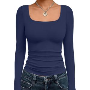 image:imageTrendy Queen Womens Long Sleeve Shirts Crop Tops Fall Fashion Solid Square Neck Going Out Basics Tees Y2k ClothesNavy Blue