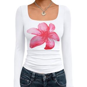 image:imageTrendy Queen Womens Long Sleeve Shirts Crop Tops Fall Fashion Solid Square Neck Going Out Basics Tees Y2k ClothesPink Flower