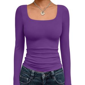 image:imageTrendy Queen Womens Long Sleeve Shirts Crop Tops Fall Fashion Solid Square Neck Going Out Basics Tees Y2k ClothesPurple
