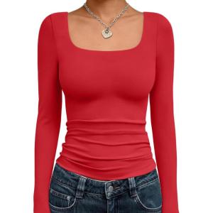 image:imageTrendy Queen Womens Long Sleeve Shirts Crop Tops Fall Fashion Solid Square Neck Going Out Basics Tees Y2k ClothesRed