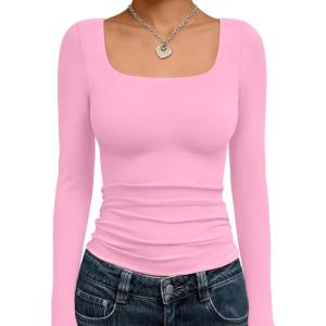 image:imageTrendy Queen Womens Long Sleeve Shirts Crop Tops Fall Fashion Solid Square Neck Going Out Basics Tees Y2k ClothesRose Pink