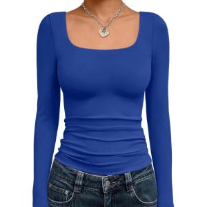 image:imageTrendy Queen Womens Long Sleeve Shirts Crop Tops Fall Fashion Solid Square Neck Going Out Basics Tees Y2k ClothesRoyal Blue