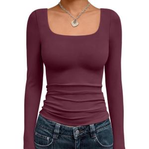 image:imageTrendy Queen Womens Long Sleeve Shirts Crop Tops Fall Fashion Solid Square Neck Going Out Basics Tees Y2k ClothesWine Red