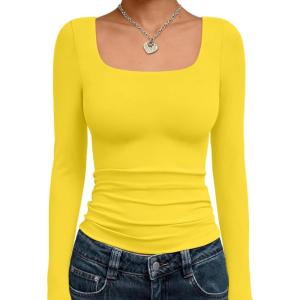 image:imageTrendy Queen Womens Long Sleeve Shirts Crop Tops Fall Fashion Solid Square Neck Going Out Basics Tees Y2k ClothesYellow