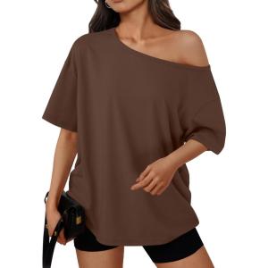 image:imageTrendy Queen Womens Off The Shoulder Tops Oversized TShirts Short Sleeve Tees Summer 2026 Casual Spring Fashion ClothesChocolate Brown