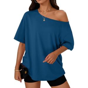 image:imageTrendy Queen Womens Off The Shoulder Tops Oversized TShirts Short Sleeve Tees Summer 2026 Casual Spring Fashion ClothesDarkblue