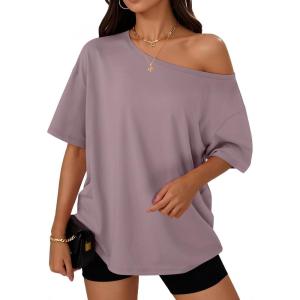 image:imageTrendy Queen Womens Off The Shoulder Tops Oversized TShirts Short Sleeve Tees Summer 2026 Casual Spring Fashion ClothesDarkpink