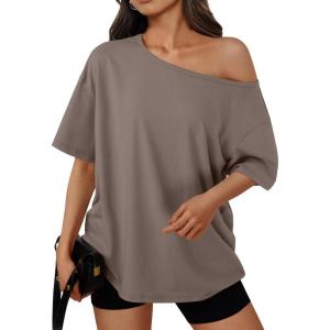image:imageTrendy Queen Womens Off The Shoulder Tops Oversized TShirts Short Sleeve Tees Summer 2026 Casual Spring Fashion ClothesGrey Khaki