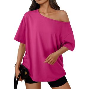 image:imageTrendy Queen Womens Off The Shoulder Tops Oversized TShirts Short Sleeve Tees Summer 2026 Casual Spring Fashion ClothesHotpink