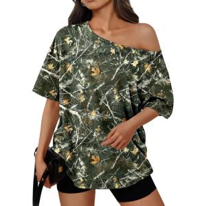 image:imageTrendy Queen Womens Off The Shoulder Tops Oversized TShirts Short Sleeve Tees Summer 2026 Casual Spring Fashion ClothesMapleleafgreen